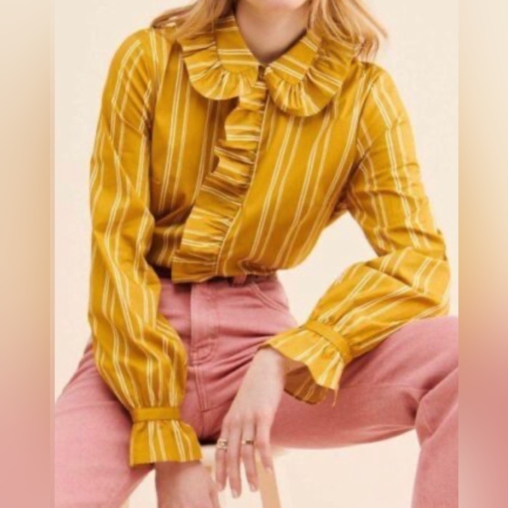 Yellow Striped Blouse with Ruffle Detail